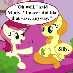 Size: 576x576 | Tagged: safe, edit, edited screencap, imported from derpibooru, screencap, carrot top, golden harvest, roseluck, applejack's "day" off, cropped, cute, cutie top, dialogue, female, implied minty, mare, noodle incident, oh minty minty minty, ponyville spa, rosabetes, speech bubble