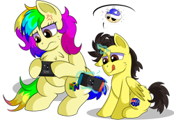 Size: 1280x894 | Tagged: safe, artist:rainbowtashie, imported from derpibooru, oc, oc:rainbow tashie, oc:tommy the human, alicorn, earth pony, pony, alicorn oc, blue shell, colt, commissioner:bigonionbean, cross-popping veins, cute, cutie mark, female, focused, games, horn, magic, male, mare, mario kart, nintendo 64, nintendo switch, simple background, tongue out, transparent background, wings, writer:bigonionbean