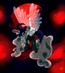 Size: 2115x2392 | Tagged: safe, artist:midnightfire1222, imported from derpibooru, star swirl the bearded, pony, unicorn, artificial wings, augmented, blood moon, clothes, evil, glowing horn, horn, magic, magic wings, male, moon, nightmare star swirl, nightmarified, sharp teeth, solo, stallion, teeth, wings