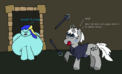 Size: 1617x981 | Tagged: safe, artist:ponycharade, imported from derpibooru, oc, oc only, oc:charade, oc:jester bells, unicorn, 1000 hours in ms paint, armor, dungeon, eyes closed, fat, female, horn, male, meta, misspelling, morbidly obese, obese, runescape, stuck, sword, unicorn oc, weapon