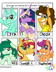 Size: 1622x2084 | Tagged: safe, artist:ashton__draws, imported from derpibooru, cheese sandwich, lyra heartstrings, scootaloo, sunset shimmer, twilight sparkle, wallflower blush, alicorn, bird, chicken, earth pony, pony, unicorn, six fanarts, the last problem, :d, bust, clothes, equestria girls ponified, eyelashes, female, filly, freckles, frown, grin, hoof shoes, jewelry, male, mare, open mouth, peytral, ponified, princess twilight 2.0, smiling, stallion, tiara, twilight sparkle (alicorn), waving