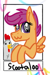 Size: 587x886 | Tagged: safe, alternate version, artist:ashton__draws, imported from derpibooru, scootaloo, bird, chicken, pony, bust, duo, eyelashes, female, filly, mare, scootachicken, smiling