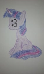 Size: 295x492 | Tagged: safe, anonymous artist, imported from derpibooru, twilight sparkle, pony, unicorn, /mlp/, 4chan, :3, adorawat, crayon drawing, cute, drawthread, exactly what it says on the tin, female, funny, missing cutie mark, not salmon, pun, requested art, simple background, solo, traditional art, unicorn twilight, visual pun, wat