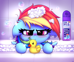 Size: 3000x2500 | Tagged: safe, artist:heavymetalbronyyeah, imported from derpibooru, rainbow dash, pegasus, pony, angry, bath, bathroom, blushing, bubble, bubble bath, cheek fluff, chest fluff, cute, daaaaaaaaaaaw, dashabetes, ear fluff, female, floppy ears, fluffy, glare, heavymetalbrony is trying to murder us, looking at you, madorable, mare, messy mane, pone, pone wash, poner, rainbow dash is not amused, rubber duck, solo, sparkles, unamused, weapons-grade cute, wet, wet mane