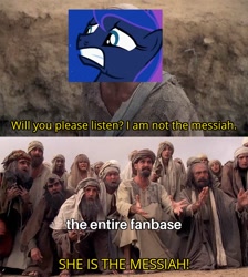 Size: 852x950 | Tagged: safe, imported from derpibooru, princess luna, alicorn, pony, meme, messiah, monty python, monty python's life of brian, mouthpiece, op is silly, relatable, text