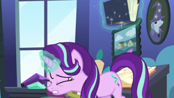 Size: 1280x720 | Tagged: safe, imported from derpibooru, screencap, starlight glimmer, trixie, pony, unicorn, the maud couple, cameo, eyes closed, female, flying books, gem, glowing horn, horn, magic, our town, pictures, solo, solo focus, starlight's room, telekinesis, unaware