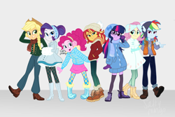 Size: 3000x2000 | Tagged: safe, artist:saltymango, imported from derpibooru, applejack, fluttershy, pinkie pie, rainbow dash, rarity, sci-twi, sunset shimmer, twilight sparkle, equestria girls, boots, clothes, cowboy hat, cute, dashabetes, earmuffs, female, hat, humane five, humane seven, humane six, jackabetes, looking at you, raribetes, shimmerbetes, shoes, shyabetes, smiling, twiabetes, winter outfit