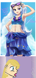 Size: 798x1719 | Tagged: safe, artist:chigusa, edit, imported from derpibooru, prince blueblood, trixie, human, anime, armpits, aroused, belly button, bikini, bluetrix, clothes, dialogue, female, hand on hip, humanized, male, midriff, open mouth, sarong, shipping, smiling, straight, sunglasses, surprised blueblood, swimsuit