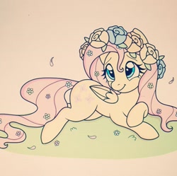 Size: 1080x1077 | Tagged: safe, artist:videogamecomicsyeet, imported from derpibooru, fluttershy, pegasus, pony, cute, eyelashes, female, floral head wreath, flower, lying down, mare, prone, shyabetes, smiling, solo