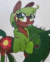 Size: 1080x1350 | Tagged: safe, artist:xyedoesthings, imported from derpibooru, oc, oc only, oc:flower power, earth pony, pony, clothes, earth pony oc, eyelashes, female, mare, open mouth, smiling, solo, traditional art