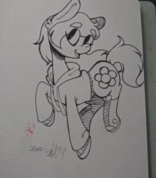 Size: 1080x1232 | Tagged: safe, artist:xyedoesthings, imported from derpibooru, oc, oc only, oc:flower power, earth pony, pony, clothes, earth pony oc, eyelashes, female, lineart, mare, open mouth, signature, smiling, solo, traditional art