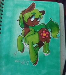 Size: 1080x1232 | Tagged: safe, artist:xyedoesthings, imported from derpibooru, oc, oc only, oc:flower power, earth pony, pony, clothes, colored, earth pony oc, eyelashes, female, mare, open mouth, signature, smiling, solo, traditional art