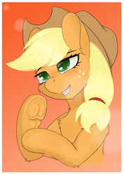 Size: 2893x4092 | Tagged: safe, artist:diamond-fish, imported from derpibooru, applejack, earth pony, pony, blushing, bust, cowboy hat, female, frog (hoof), gradient background, grin, hat, high res, hoofbutt, mare, portrait, smiling, solo, teeth, underhoof