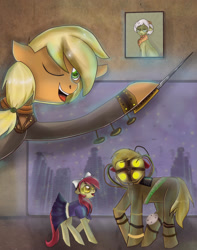 Size: 1789x2267 | Tagged: safe, artist:ladymonotone, imported from derpibooru, apple bloom, applejack, big macintosh, granny smith, big daddy, big sister, bioshock, little sister, rapture