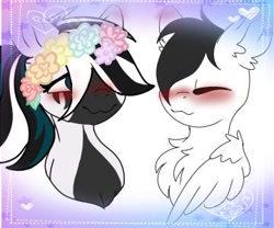 Size: 360x300 | Tagged: safe, artist:fusion sparkle, artist:skybloom95, imported from derpibooru, oc, oc:zefia, pegasus, zebra, base, base used, black and white, blushing, blushing ears, cute smile, ear blush, flower, flower in hair, grayscale, lowres, monochrome, oc x oc, original art, original character do not steal, pastel frame, pegaso, shipping, simple background, stras, sweet, white background