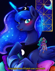 Size: 917x1185 | Tagged: safe, artist:meqiopeach, imported from derpibooru, princess celestia, princess luna, alicorn, pony, art, blushing, bust, celestia plushie, commission, cute, drawing, dream, female, glowing horn, glowing mane, horn, indoors, lunabetes, magic, mare, moon, moonlight, night, night sky, plushie, quote, shading, shadow, sky, solo, sparkles, toy, ych example, ych result, your character here