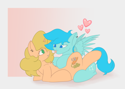 Size: 2896x2046 | Tagged: safe, artist:ponyangle, imported from derpibooru, oc, oc only, oc:carrot leah, pegasus, pony, unicorn, chest fluff, female, lesbian, looking at each other, mare, shipping, simple background