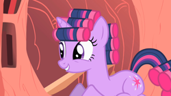 Size: 1280x720 | Tagged: safe, imported from derpibooru, screencap, twilight sparkle, pony, unicorn, look before you sleep, season 1, cute, female, golden oaks library, hair curlers, mare, solo, twiabetes, unicorn twilight