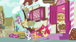 Size: 1920x1080 | Tagged: safe, imported from derpibooru, screencap, apple bloom, discord, scootaloo, spike, sweetie belle, dragon, pony, the big mac question, cutie mark crusaders, female, filly, food, pie, winged spike, wings