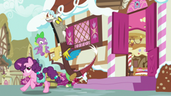 Size: 1920x1080 | Tagged: safe, imported from derpibooru, screencap, discord, spike, sugar belle, dragon, pony, the big mac question, bag, female, mare, saddle bag, winged spike, wings