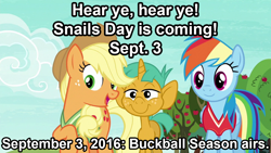 Size: 1280x720 | Tagged: safe, edit, edited screencap, imported from derpibooru, screencap, applejack, rainbow dash, snails, pony, 2 4 6 greaaat, buckball season, bucket, caption, female, group, image macro, male, meme, propaganda, snails day, text