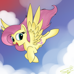 Size: 4000x4000 | Tagged: safe, artist:ser-p, imported from derpibooru, fluttershy, pony, absurd resolution, cloud, female, flying, solo