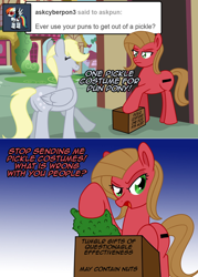 Size: 1076x1502 | Tagged: safe, artist:ladyanidraws, imported from derpibooru, derpy hooves, oc, oc:pun, earth pony, pony, ask pun, ask, pickle costume