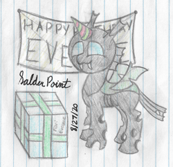 Size: 2007x1938 | Tagged: safe, artist:mlplayer dudez, artist:solder point, imported from derpibooru, oc, oc only, changeling, banner, birthday, cute, fangs, happy, hat, lined paper, party hat, present, signature, smiling, solo, standing, traditional art