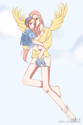 Size: 2000x3000 | Tagged: safe, artist:清酒上仙, imported from derpibooru, fluttershy, rainbow dash, human, carrying, child, clothes, duo, female, flying, humanized, shorts, winged humanization, wings, younger