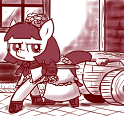 Size: 640x600 | Tagged: safe, artist:ficficponyfic, imported from derpibooru, part of a set, oc, oc only, oc:mulberry telltale, cyoa:madness in mournthread, aside glance, bag, boots, cart, clothes, cyoa, dress, ears up, flower, headband, looking back, monochrome, neckerchief, pulling, shawl, shoes, sidelong glance, story included, street, suspicious, window