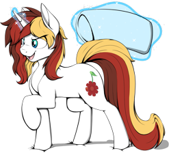 Size: 793x711 | Tagged: safe, artist:notetaker, imported from derpibooru, oc, oc only, oc:scarlet serenade, pony, unicorn, commission, female, feral, full body, magic, mare, pillow, simple background, solo, transparent background