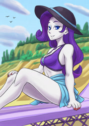 Size: 1240x1754 | Tagged: safe, artist:brother-tico, imported from derpibooru, rarity, equestria girls, equestria girls series, forgotten friendship, beach, beach babe, bedroom eyes, bikini, bikini babe, breasts, cleavage, clothes, female, hat, legs, lidded eyes, looking at you, rarity's purple bikini, sarong, schrödinger's pantsu, solo, sun hat, swimsuit, thighs