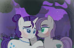 Size: 1576x1029 | Tagged: safe, artist:bittersweethare, artist:shiibases, imported from derpibooru, maud pie, rarity, earth pony, pony, unicorn, alternate hairstyle, base used, bedroom eyes, blushing, eyeshadow, female, jewelry, lesbian, makeup, mare, necklace, pearl necklace, raised hoof, rarimaud, shipping, thick eyebrows