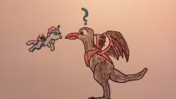 Size: 2048x1152 | Tagged: safe, artist:derek the metagamer, imported from derpibooru, bird, changedling, changeling, dragon, duck, confused, crayon drawing, peluton, traditional art, wings, xanadu, xanadu scenario ii