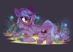 Size: 2048x1448 | Tagged: safe, artist:shore2020, imported from derpibooru, princess luna, alicorn, butterfly, pony, admiral (butterfly), butterfly on nose, female, insect on nose, lying down, mare, plant, s1 luna, smiling, solo, underhoof