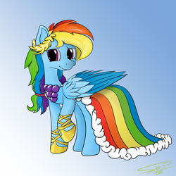 Size: 4000x4000 | Tagged: safe, artist:ser-p, imported from derpibooru, rainbow dash, pegasus, pony, absurd resolution, alternate hairstyle, clothes, cute, dashabetes, dress, female, gala dress, hoof shoes, mare, raised hoof, smiling, solo, two toned wings, wings