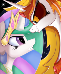 Size: 4000x4800 | Tagged: safe, artist:ser-p, imported from derpibooru, daybreaker, princess celestia, alicorn, pony, absurd resolution, bust, duality, eyelashes, female, looking at each other, mare, peytral