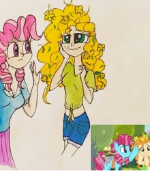 Size: 540x615 | Tagged: safe, artist:lunaart, imported from derpibooru, screencap, cup cake, pear butter, human, the perfect pear, buttercup, female, flower, flower in hair, front knot midriff, humanized, midriff, scene interpretation, traditional art