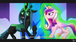 Size: 1920x1080 | Tagged: safe, artist:whitequartztheartist, imported from derpibooru, princess cadance, queen chrysalis, alicorn, changeling, changeling queen, black, crystal empire, female, magic, pink