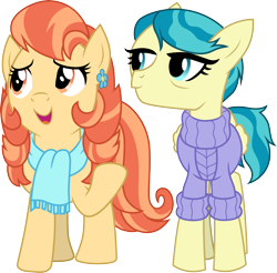 Size: 3000x2949 | Tagged: safe, artist:cloudy glow, artist:cloudyglow, imported from derpibooru, aunt holiday, auntie lofty, earth pony, the last crusade, .ai available, clothes, duo, ear piercing, earring, female, high res, jewelry, lesbian, lofty day, open mouth, piercing, raised hoof, scarf, shipping, simple background, smiling, sweater, transparent background, vector