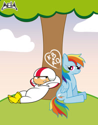 Size: 1098x1392 | Tagged: safe, artist:avellante, imported from derpibooru, rainbow dash, pegasus, pony, bedroom eyes, best ship, cloud, crossover, crossover shipping, female, having a moment, interspecies, it came from deviantart, kick buttowski, kick buttowski suburban daredevil, kickbow, love, male, public display of affection, romance, shipping, smiling, straight, tree