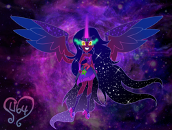 Size: 3310x2499 | Tagged: safe, artist:cookiechans2, artist:lumi-infinite64, imported from derpibooru, oc, oc only, oc:shadow galaxy, equestria girls, base used, colored wings, corrupted, evil, evil form, evil grin, gradient mane, gradient wings, grin, midnight-ified, smiling, solo, wings