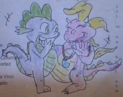 Size: 462x364 | Tagged: safe, artist:skatergirl747, imported from derpibooru, spike, dragon, baby, baby dragon, cassie (dragon tales), cassie (dragontales), conjoined, crossover, dragon tales, dragoness, female, male, traditional art, wat, wingless spike