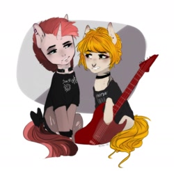 Size: 1531x1504 | Tagged: safe, imported from derpibooru, oc, oc only, oc:fragile string (scarlet rebel), earth pony, unicorn, clothes, collar, guitar, makeup, musical instrument, punk, stockings, thigh highs