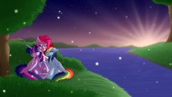 Size: 1920x1080 | Tagged: safe, artist:sparkie45, artist:twipiedash, imported from derpibooru, pinkie pie, rainbow dash, twilight sparkle, alicorn, pony, hug, river, sunrise, tree, twilight sparkle (alicorn)