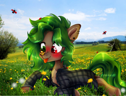 Size: 1450x1100 | Tagged: safe, artist:meqiopeach, imported from derpibooru, oc, oc only, oc:ame, earth pony, insect, ladybug, pony, art, birthday gift, blushing, clothes, commission, digital art, drawing, ear piercing, earring, earth pony oc, full body, grass, happy, heterochromia, insect on nose, jewelry, lying down, nature, photo, piercing, realistic, shirt, sky, solo, tongue out, ych example, ych result, your character here