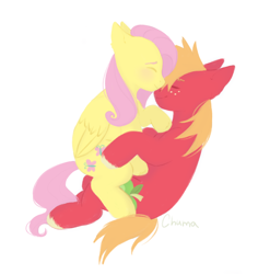 Size: 676x716 | Tagged: safe, artist:chumacha, imported from derpibooru, big macintosh, fluttershy, earth pony, pegasus, pony, cuddling, eyes closed, female, fluttermac, lineless, male, missing accessory, shipping, simple background, straight, white background