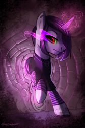 Size: 2000x3000 | Tagged: safe, artist:jedayskayvoker, imported from derpibooru, oc, oc only, pony, unicorn, clothes, glowing horn, high res, horn, male, nose piercing, piercing, raised hoof, solo, sombra eyes, wall