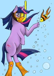 Size: 1654x2339 | Tagged: safe, anonymous artist, imported from derpibooru, twilight sparkle, fish, pony, unicorn, /mlp/, 4chan, bubble, colored, cute, drawthread, female, flippers, flippers (gear), mare, requested art, snorkel, snorkeling, solo, swimming, underwater, unicorn twilight