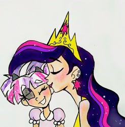 Size: 2194x2227 | Tagged: safe, artist:citi, imported from derpibooru, twilight sparkle, oc, oc:tiara, alicorn, human, the last problem, crown, female, horn, horned humanization, horns, human princess twilight, humanized, interspecies offspring, jewelry, mother and child, mother and daughter, next generation, offspring, parent:lord tirek, parent:twilight sparkle, parents:twirek, princess twilight 2.0, regalia, twilight sparkle (alicorn)